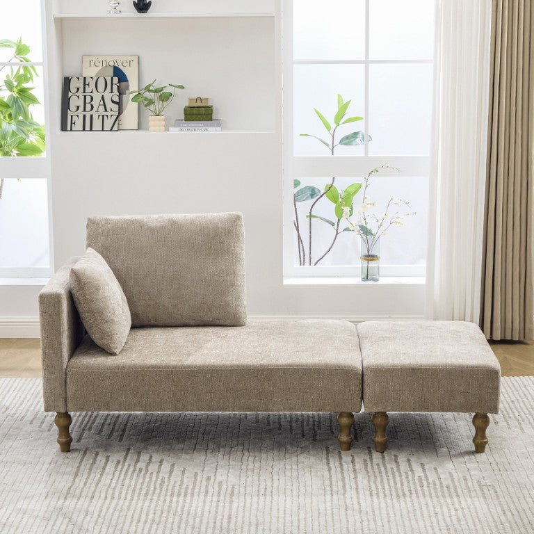 English Elm 71.3 Inch Chenille Chaise Lounge with Ottoman Walnut Rubberwood Legs Pocketed Springs Taupe W3098S00101