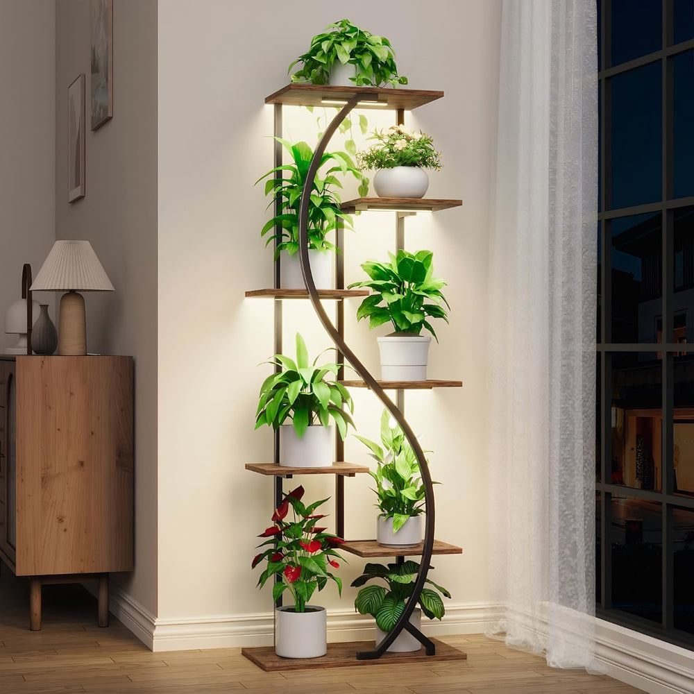 English Elm 59" Seven Tier S Shaped Metal Plant Stand with Full Spectrum Grow Lights for Corners W3101P484174