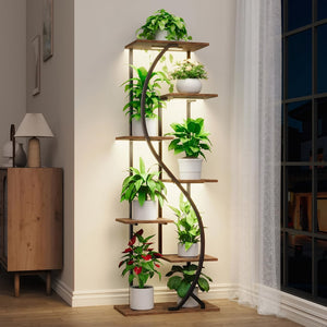 English Elm 59" Seven Tier S Shaped Metal Plant Stand with Full Spectrum Grow Lights for Corners W3101P484174
