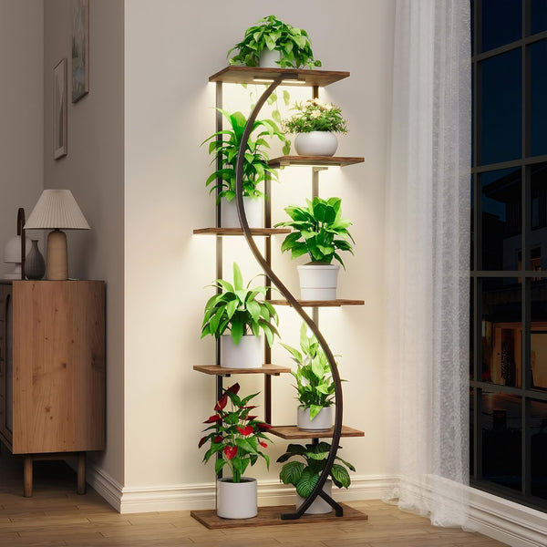 English Elm 59" Seven Tier S Shaped Metal Plant Stand with Full Spectrum Grow Lights for Corners W3101P484174