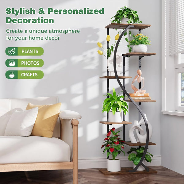 English Elm 59" Seven Tier S Shaped Metal Plant Stand with Full Spectrum Grow Lights for Corners W3101P484174