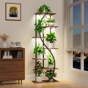 English Elm 59" Seven Tier S Shaped Metal Plant Stand with Full Spectrum Grow Lights for Corners W3101P484174