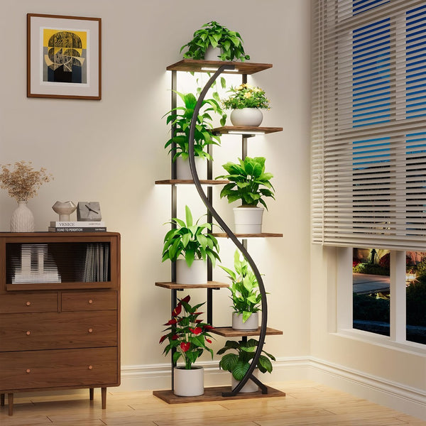 English Elm 59" Seven Tier S Shaped Metal Plant Stand with Full Spectrum Grow Lights for Corners W3101P484174