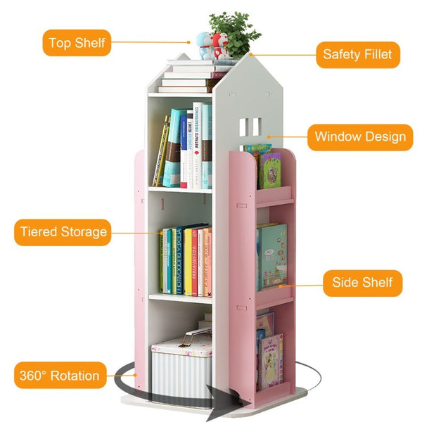 English Elm 4-Tier Rotating Bookcase with 360 Swivel Base for Kids Bedroom Study or Reading Nook W3101P484429