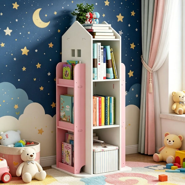 English Elm 4-Tier Rotating Bookcase with 360 Swivel Base for Kids Bedroom Study or Reading Nook W3101P484429