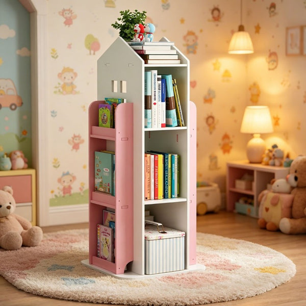 English Elm 4-Tier Rotating Bookcase with 360 Swivel Base for Kids Bedroom Study or Reading Nook W3101P484429