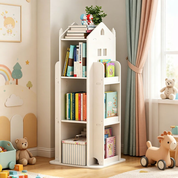 English Elm 4-Tier Rotating Kids Bookcase Spinning Floor Tower for Bedroom Playroom Study W3101P484433