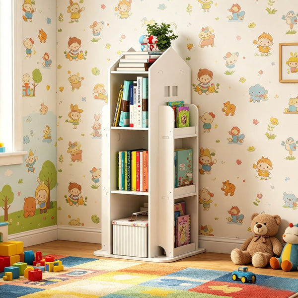 English Elm 4-Tier Rotating Kids Bookcase Spinning Floor Tower for Bedroom Playroom Study W3101P484433