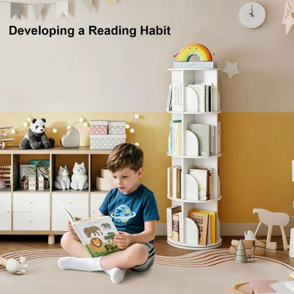 English Elm Rotating Bookcase Four Tier Spinning Tower Slim MDF Shelving for Bedroom or Study W3101P492522