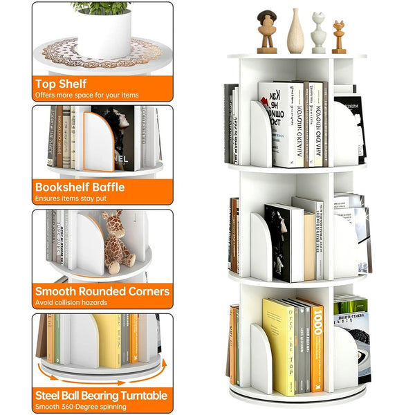 English Elm Rotating 3 Tier Floor Bookcase White Mdf 360 Spin Shelf for Bedroom Small Spaces W3101P492526
