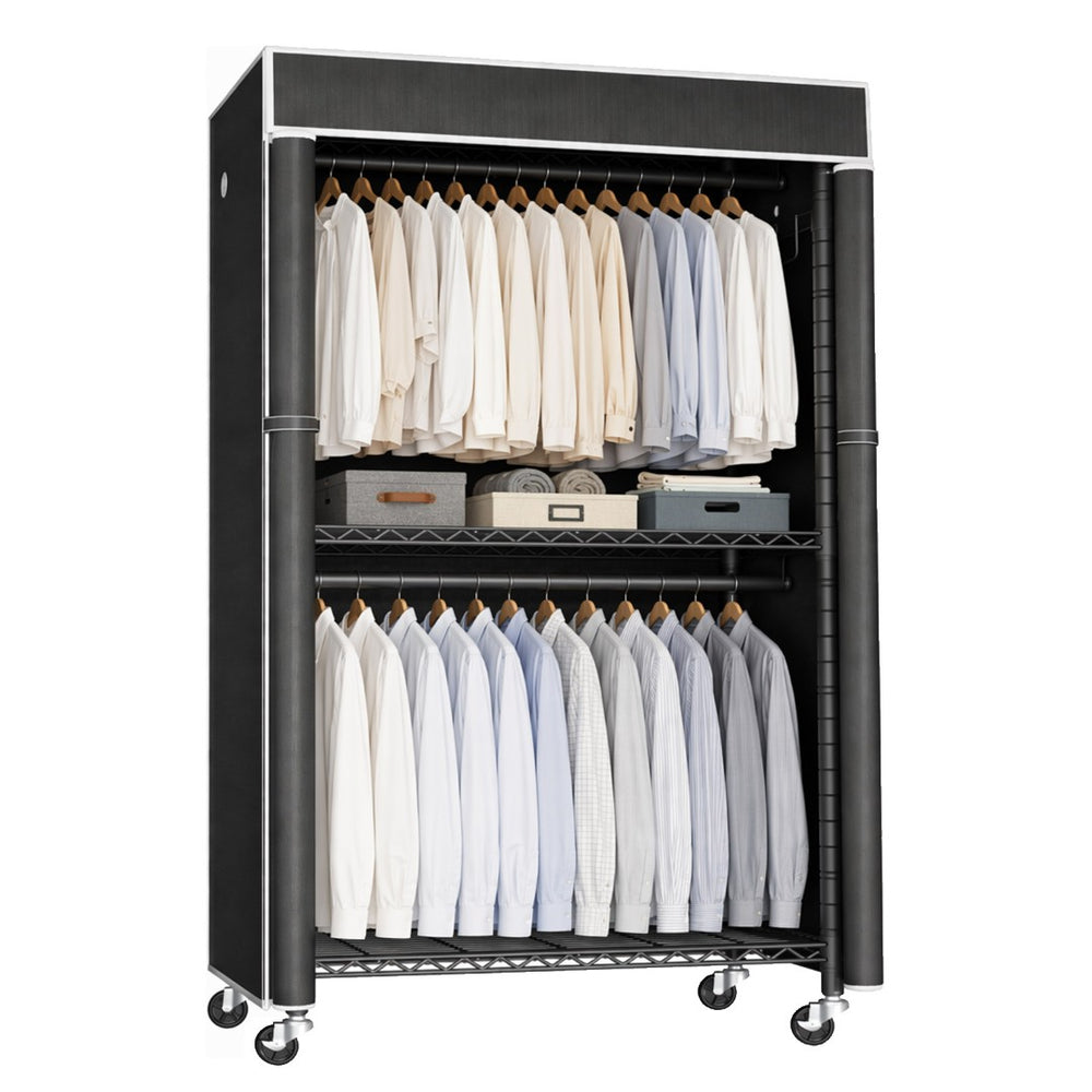 English Elm Freestanding Metal Garment Rack with Dust Cover Rolling Wheels and Side Hooks for Bedroom W3101P493234