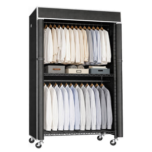 English Elm Freestanding Metal Garment Rack with Dust Cover Rolling Wheels and Side Hooks for Bedroom W3101P493234