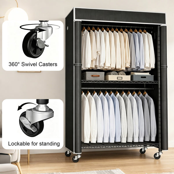 English Elm Freestanding Metal Garment Rack with Dust Cover Rolling Wheels and Side Hooks for Bedroom W3101P493234