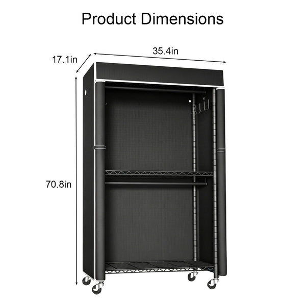 English Elm Freestanding Metal Garment Rack with Dust Cover Rolling Wheels and Side Hooks for Bedroom W3101P493234