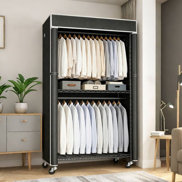 English Elm Freestanding Metal Garment Rack with Dust Cover Rolling Wheels and Side Hooks for Bedroom W3101P493234