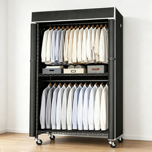 English Elm Freestanding Metal Garment Rack with Dust Cover Rolling Wheels and Side Hooks for Bedroom W3101P493234