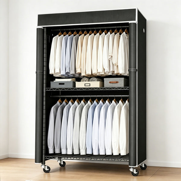 English Elm Freestanding Metal Garment Rack with Dust Cover Rolling Wheels and Side Hooks for Bedroom W3101P493234