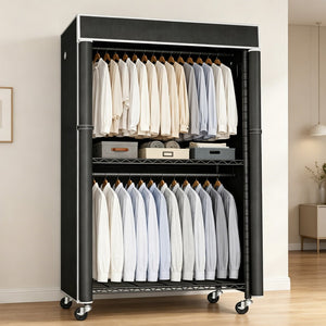 English Elm Freestanding Metal Garment Rack with Dust Cover Rolling Wheels and Side Hooks for Bedroom W3101P493234