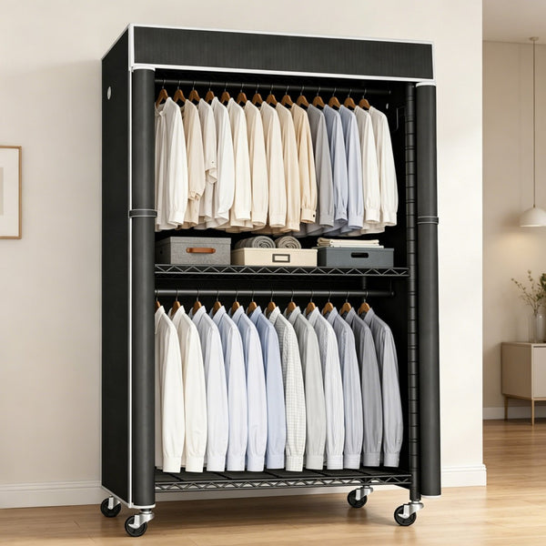 English Elm Freestanding Metal Garment Rack with Dust Cover Rolling Wheels and Side Hooks for Bedroom W3101P493234