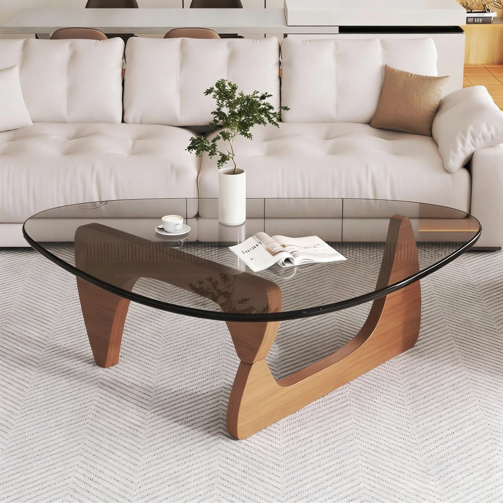 English Elm Modern Tempered Glass Top Coffee Table with Walnut Base Mid Century Living Room W3101P493240