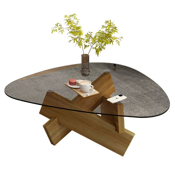 English Elm Modern Glass Top Coffee Table with Walnut-Tone Base for Mid Century Living Rooms Walnut W3101P508498