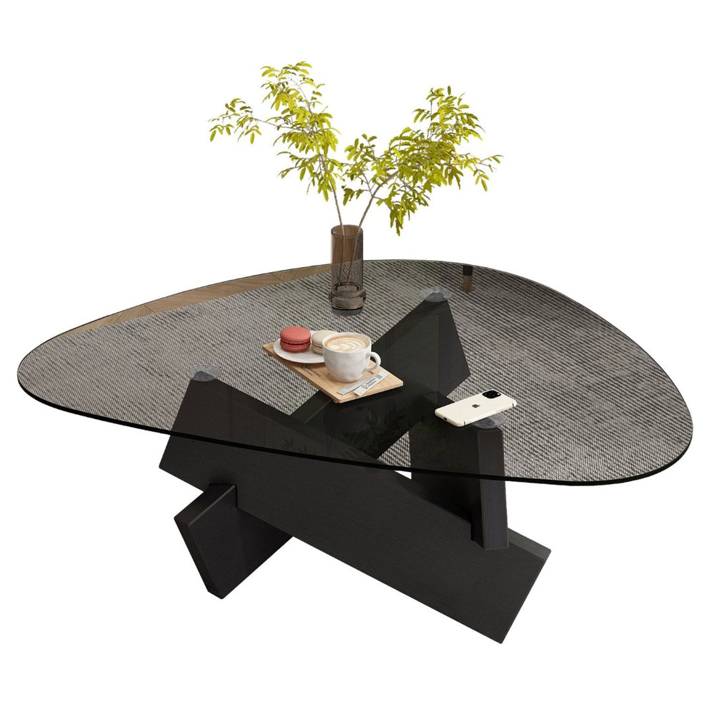 English Elm Modern Glass Top Coffee Table with Walnut-Tone Base for Mid Century Living Rooms Black W3101P508504