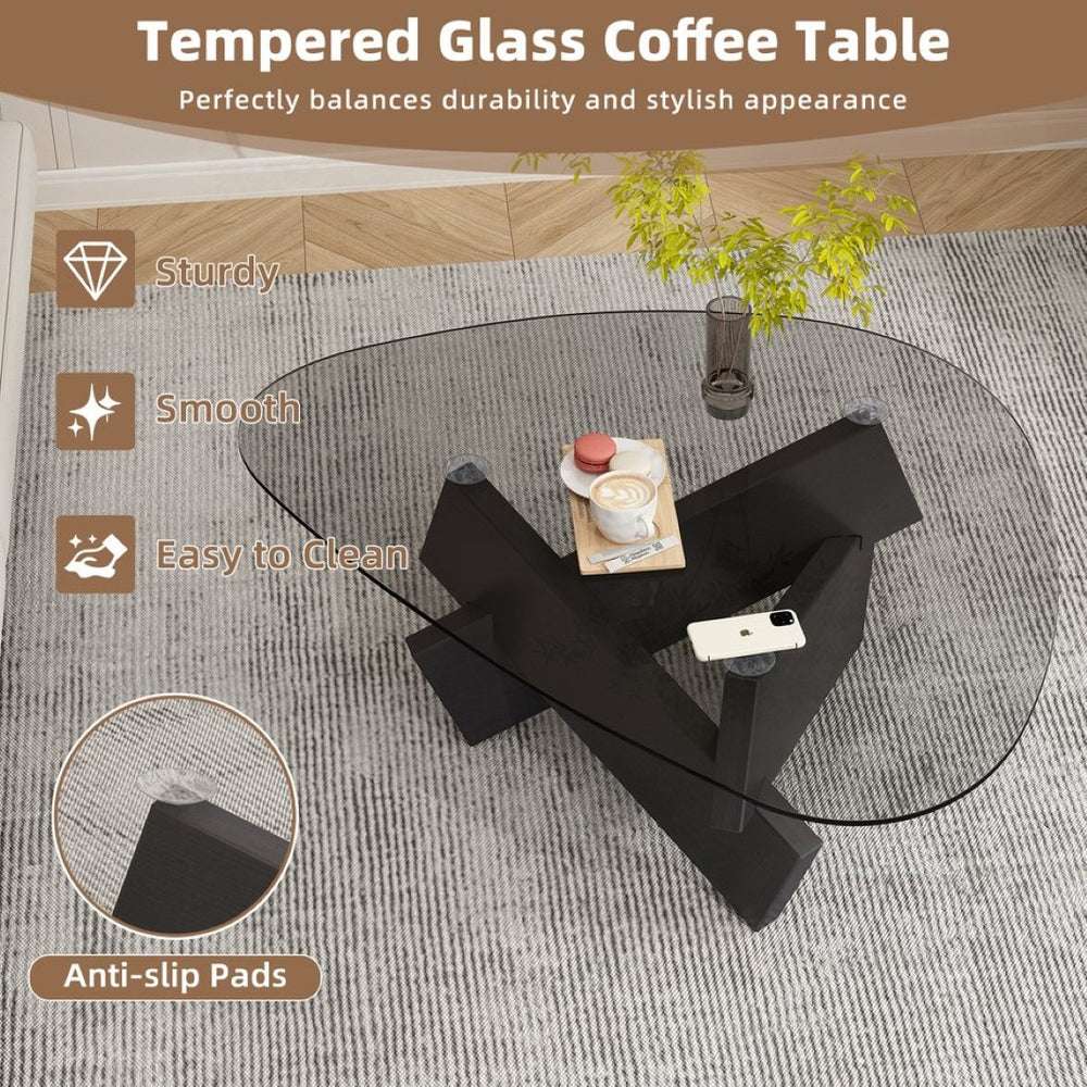 English Elm Modern Glass Top Coffee Table with Walnut-Tone Base for Mid Century Living Rooms Black W3101P508504