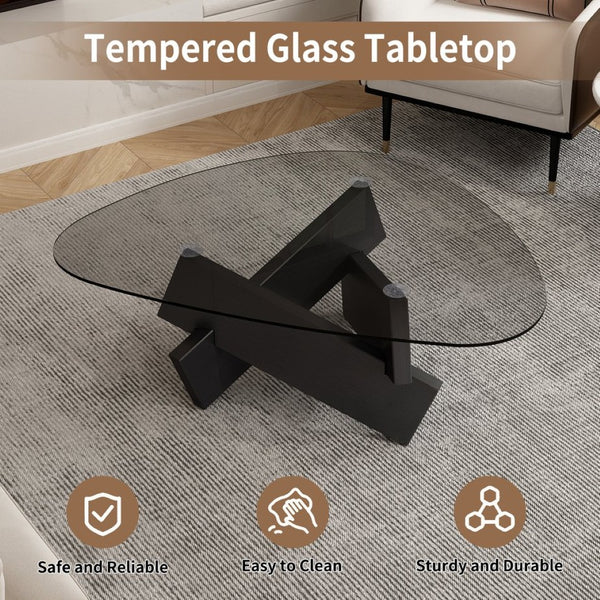 English Elm Modern Glass Top Coffee Table with Walnut-Tone Base for Mid Century Living Rooms Black W3101P508504