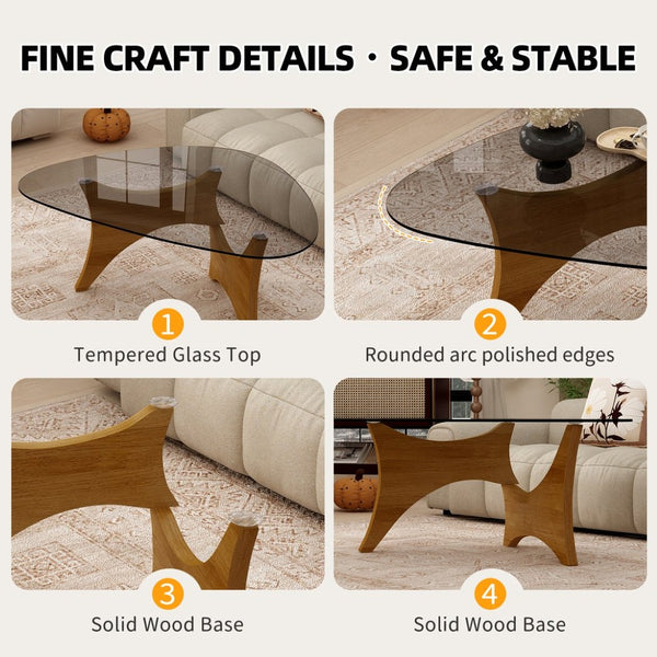 English Elm Modern Glass Top Coffee Table with Walnut Base Mid Century Living Room Accent Walnut W3101P508505
