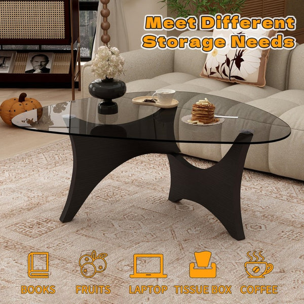 English Elm Modern Glass Top Coffee Table with Walnut Base Mid Century Living Room Accent Black W3101P508512
