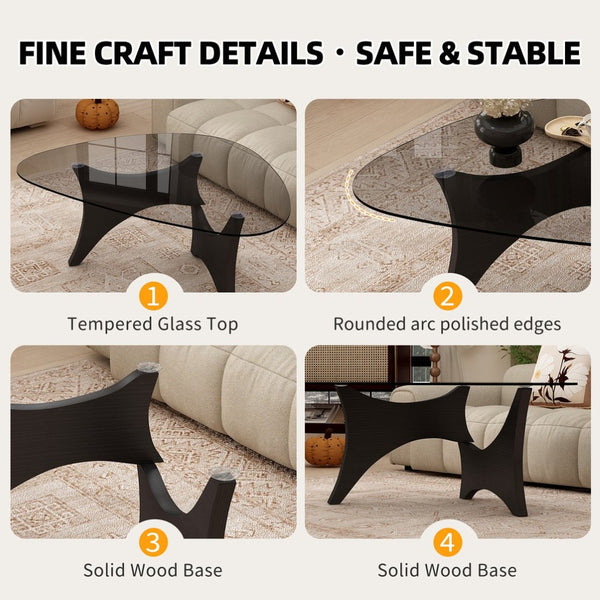 English Elm Modern Glass Top Coffee Table with Walnut Base Mid Century Living Room Accent Black W3101P508512