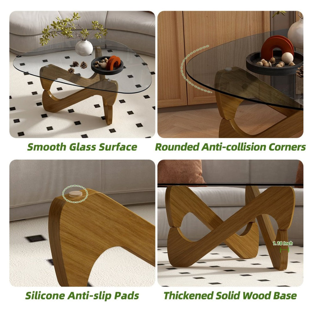 English Elm Modern Tempered Glass Coffee Table with Walnut Base Mid Century Living Room Accent Walnut W3101P508513