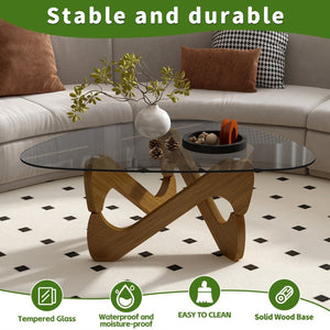 English Elm Modern Tempered Glass Coffee Table with Walnut Base Mid Century Living Room Accent Walnut W3101P508513