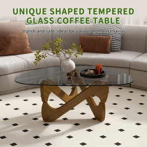 English Elm Modern Tempered Glass Coffee Table with Walnut Base Mid Century Living Room Accent Walnut W3101P508513