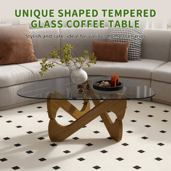 English Elm Modern Tempered Glass Coffee Table with Walnut Base Mid Century Living Room Accent Walnut W3101P508513