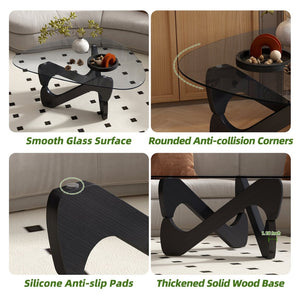 English Elm Modern Tempered Glass Coffee Table with Walnut Base Mid Century Living Room Accent Black W3101P508514