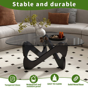 English Elm Modern Tempered Glass Coffee Table with Walnut Base Mid Century Living Room Accent Black W3101P508514