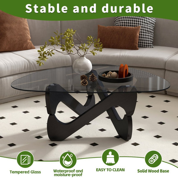 English Elm Modern Tempered Glass Coffee Table with Walnut Base Mid Century Living Room Accent Black W3101P508514