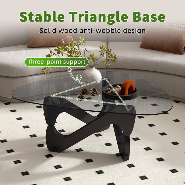 English Elm Modern Tempered Glass Coffee Table with Walnut Base Mid Century Living Room Accent Black W3101P508514