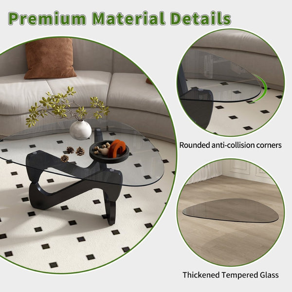 English Elm Modern Tempered Glass Coffee Table with Walnut Base Mid Century Living Room Accent Black W3101P508514