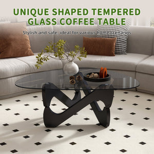 English Elm Modern Tempered Glass Coffee Table with Walnut Base Mid Century Living Room Accent Black W3101P508514