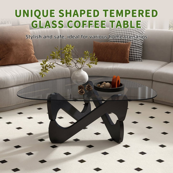 English Elm Modern Tempered Glass Coffee Table with Walnut Base Mid Century Living Room Accent Black W3101P508514