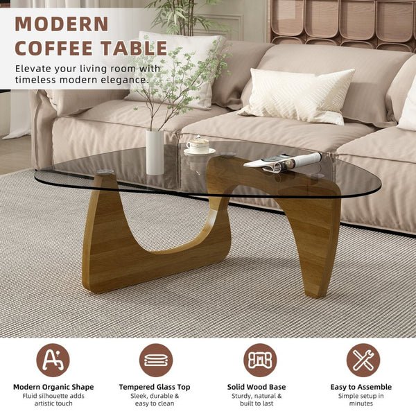English Elm Modern Mid-Century Glass Top Coffee Table with Walnut Base for Living Room Office Walnut W3101P508517