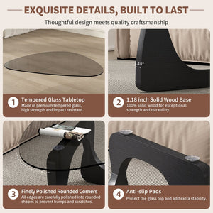 English Elm Modern Mid-Century Glass Top Coffee Table with Walnut Base for Living Room Office Black W3101P508518