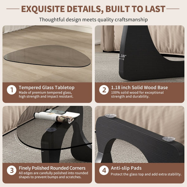 English Elm Modern Mid-Century Glass Top Coffee Table with Walnut Base for Living Room Office Black W3101P508518