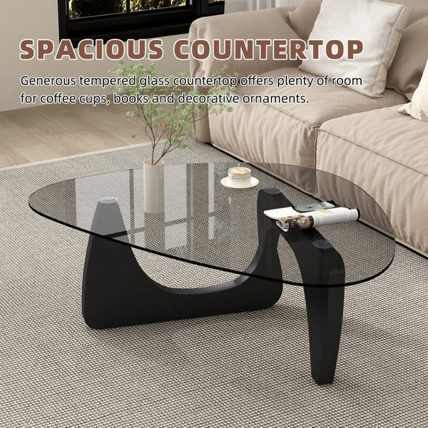 English Elm Modern Mid-Century Glass Top Coffee Table with Walnut Base for Living Room Office Black W3101P508518