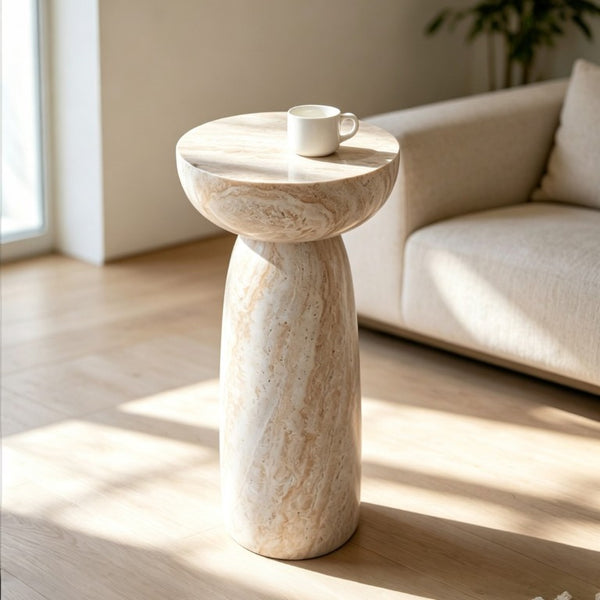 English Elm Natural Stone Grain Mushroom Pedestal End Table Weatherproof Organic Decor for Patio W3101P514020