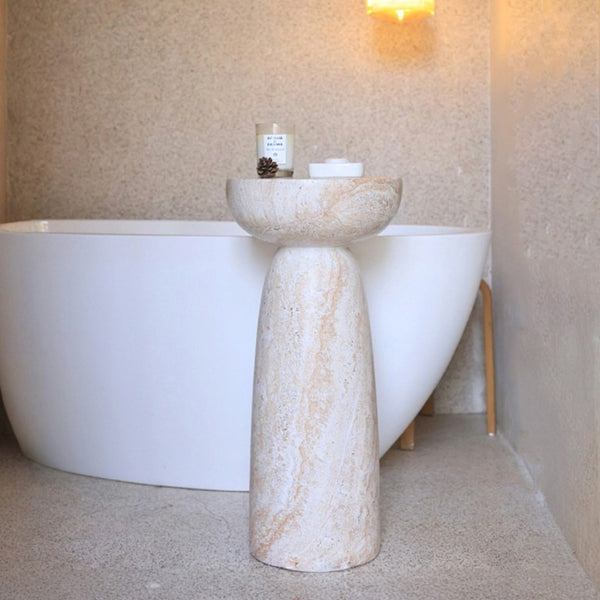 English Elm Natural Stone Grain Mushroom Pedestal End Table Weatherproof Organic Decor for Patio W3101P514020