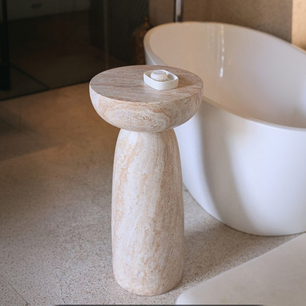 English Elm Natural Stone Grain Mushroom Pedestal End Table Weatherproof Organic Decor for Patio W3101P514020