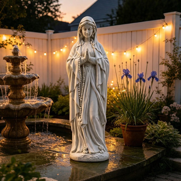 English Elm Virgin Mary Praying Garden Statue Magnesia Sculpted Rosary Outdoor Lawn Memorial Decor W3101P533550